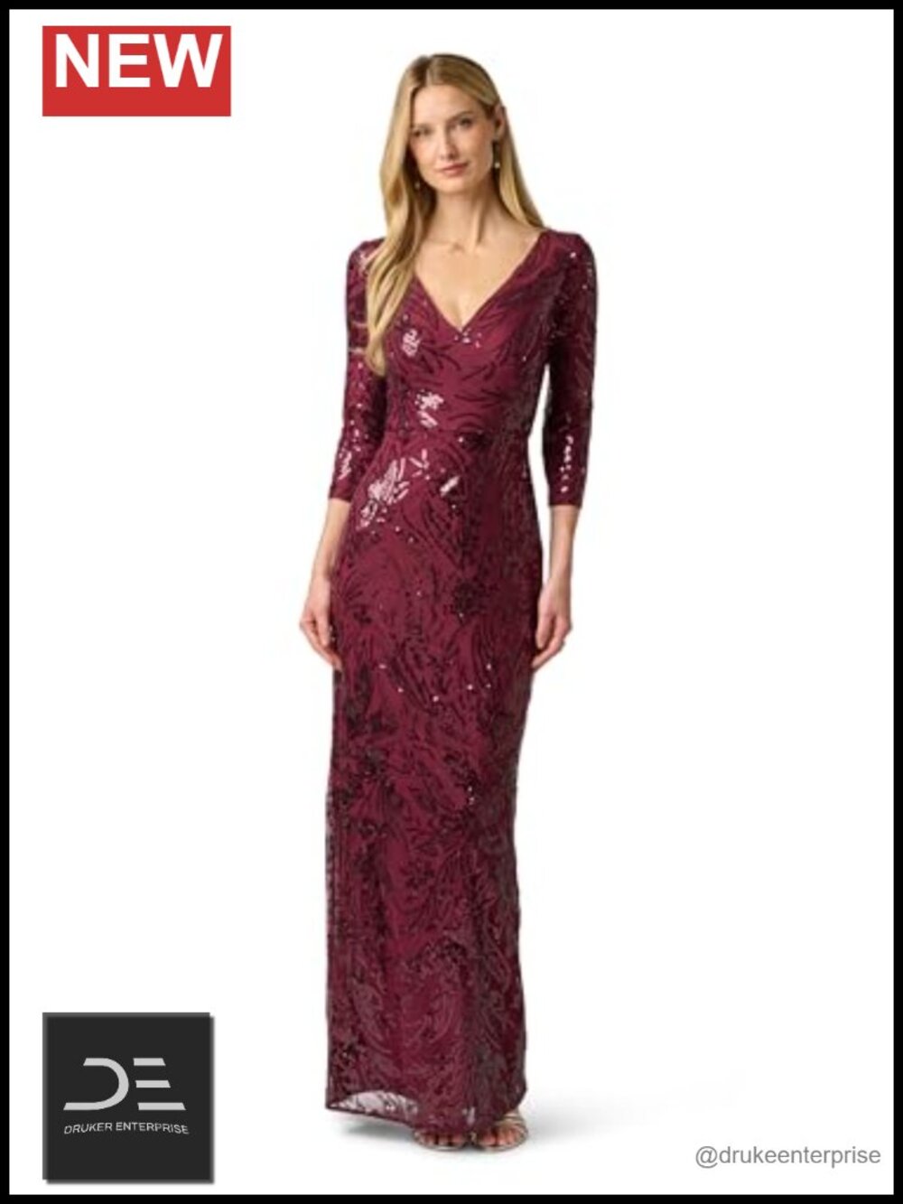 Sequin V-Neck Evening Gown Maxi Sheath Formal 3/4 Sleeve Dress